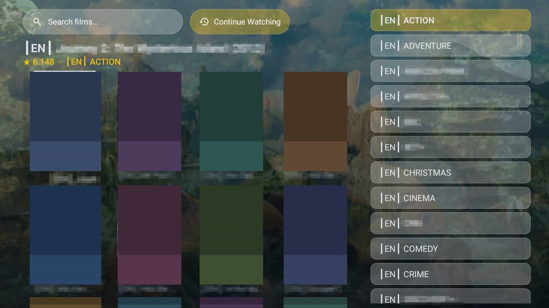 Films: the search bar, a grid of posters, and the category list down the right-hand side