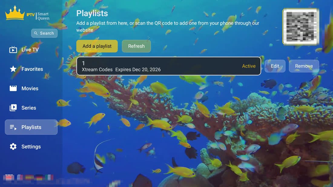 The Playlists screen: Add a playlist and Refresh, one Xtream Codes playlist shown as Active with its expiry date, Edit and Remove beside it, and a QR code for adding one from a phone